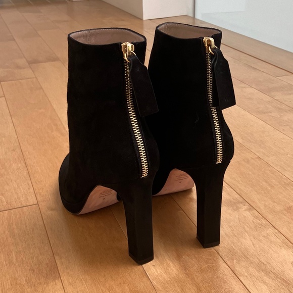Stuart Weitzman Black Suede Booties with Gold-Tone Zipper - Picture 3 of 13
